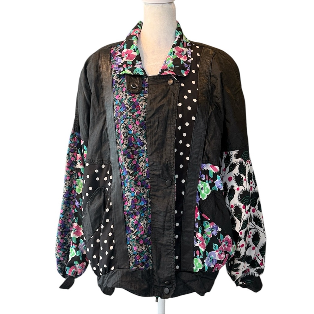 Vintage Otello Pelle Bomber Jacket Floral Polka Dot Patchwork Leather Trim L